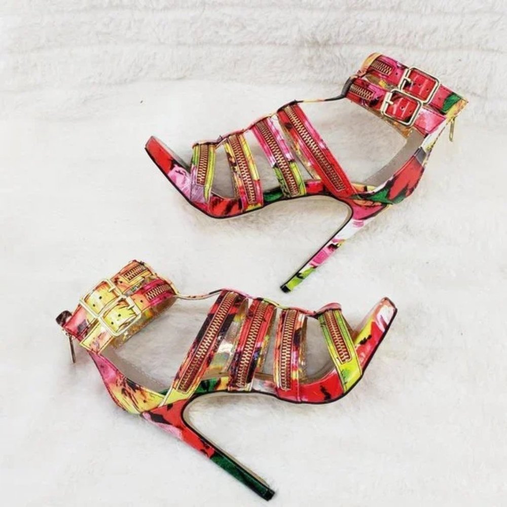 Luichiny Red Multi Tone It High Heel Cage Strap Mini Platform Spring Sandals - Picture 8 of 8